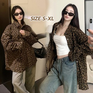 mimi&didi#เสื้อเชิ้ตลายเสือดาวแขนยาวลำลอง เสื้อโค้ททรงหลวม ส…