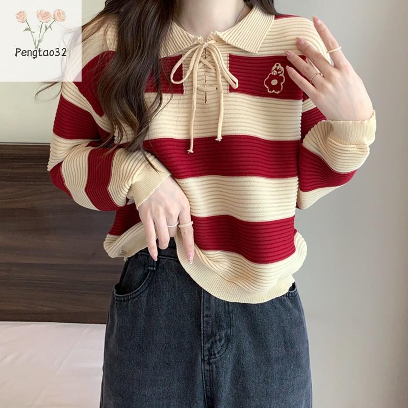 [Nto] เสื้อสเวตเตอร์ถักนิตติ้งหลวมแขนยาวปักลายแฟชั่นสตรี [TH]
