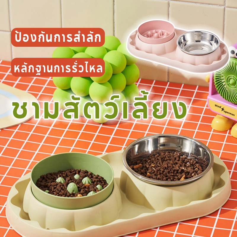 ชามแมว  ชามสัตว์เลี้ยง ป้องกันการสำลัก อาหารช้า หลัPP + สแตนเลสชาม คู่ามจุขนาดใหญ่