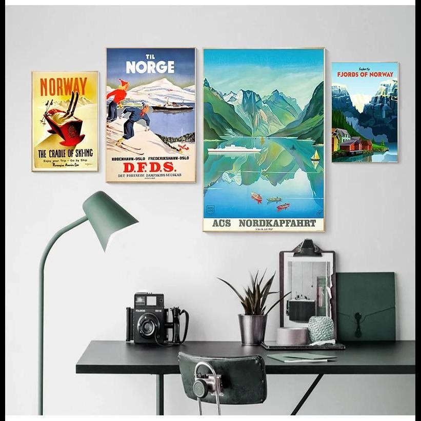 วินเทจสกีในนอร์เวย์ Fjords แผนที่ผ้าใบจิตรกรรม Retro Travel โปสเตอร์ Wall Art สติกเกอร์ตกแต่งบ้านครอ
