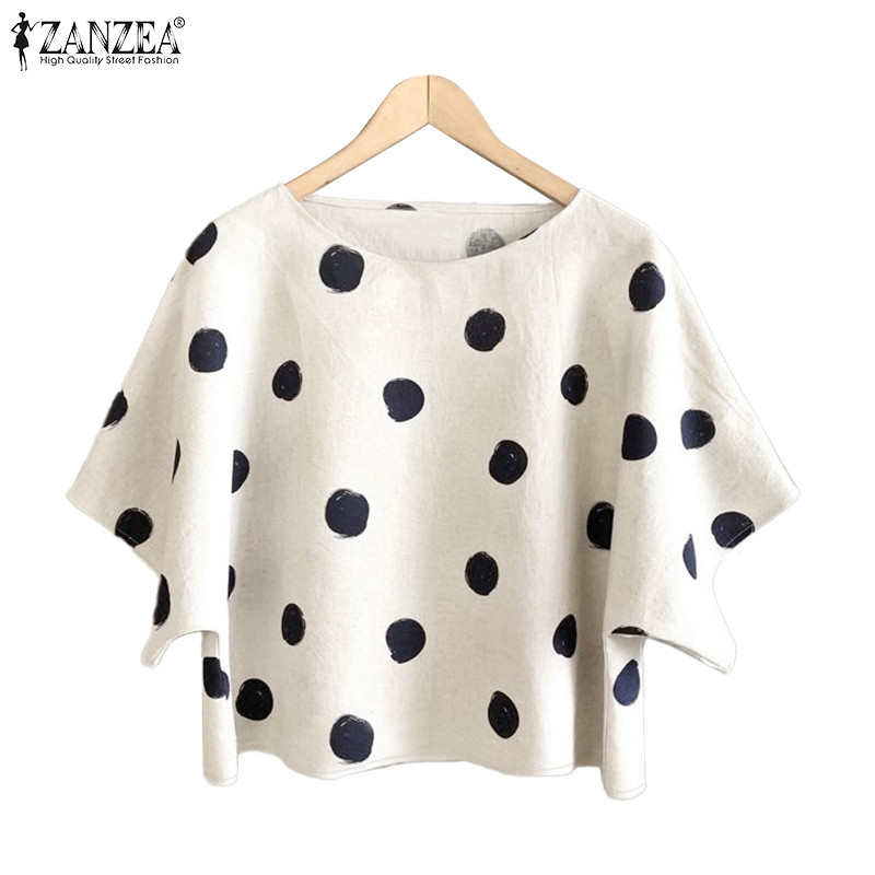 ZANZEA ผู้หญิงแฟชั่นเกาหลีลําลองรอบคอ Batwing แขนสั้น Contrast สีจุดเสื้อหลวม
