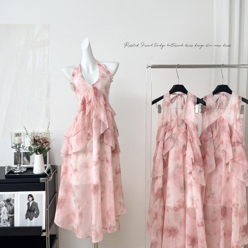 ดอกไม้ฝรั่งเศสวันหยุดโรแมนติกเอวผิดปกติชุดเชือกแขวนคอสีชมพูเอว