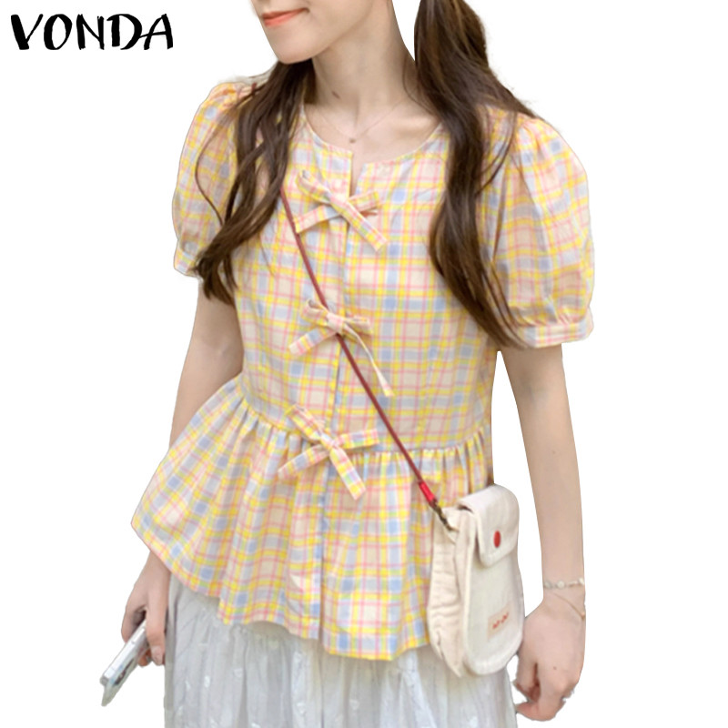 VONDA เสื้อเบลาส์ทํางานแขนสั้นลายสก๊อตคอกลมสําหรับผู้หญิงเกาหลี Maiden