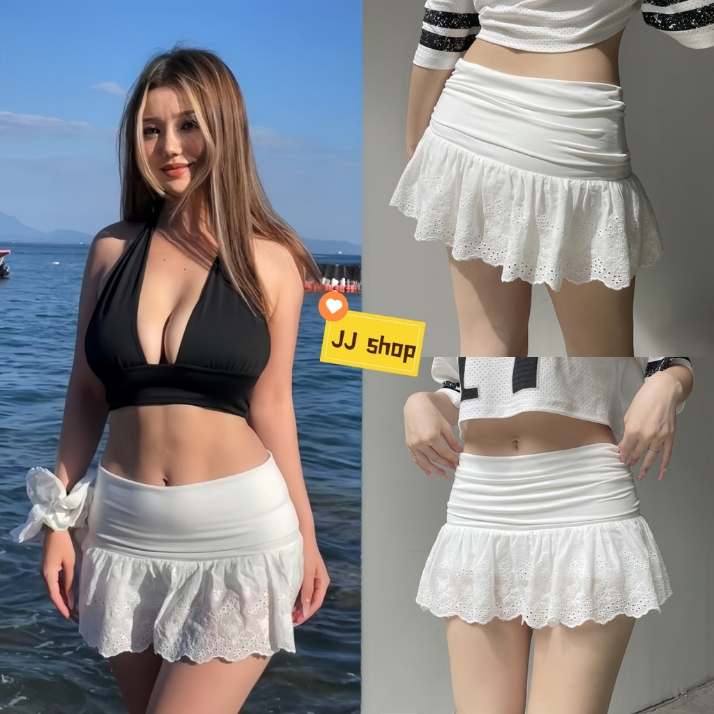 JJ Shop​💜พร้อมส่ง กระโปรงสั้นทรงเอ ผ้าคอตตอนสีขาว  มีซับด้านในเป็นกางเกง ชายกระโปรงแต่งระบายผ้าลูกไม้  