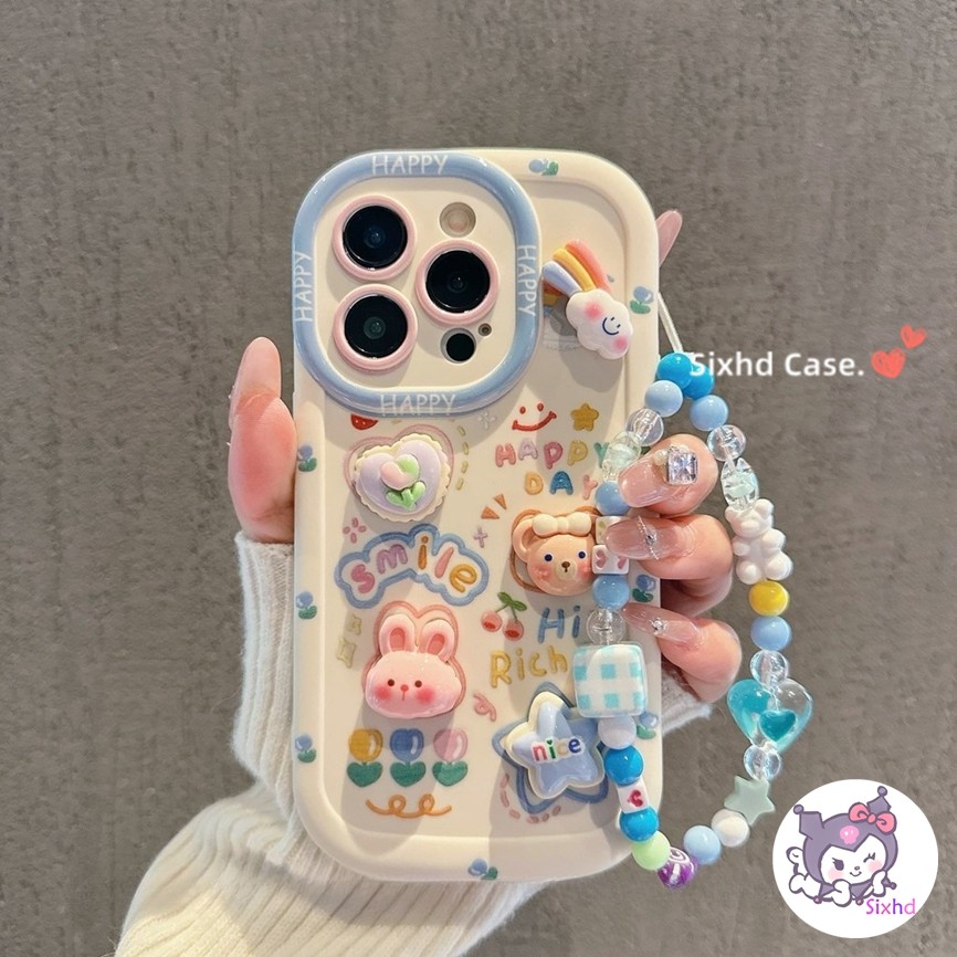 เข้ากันได้กับ IPhone 16 15 14 13 12 Pro Max 11 7 8 Plus X Xr Xs Max SE2020 เคสโทรศัพท์ซิลิโคนกันกระแทกป้องกันกล้องน่ารักไอศกรีมหมีตุ๊กตานุ่ม + ฝาครอบโซ่