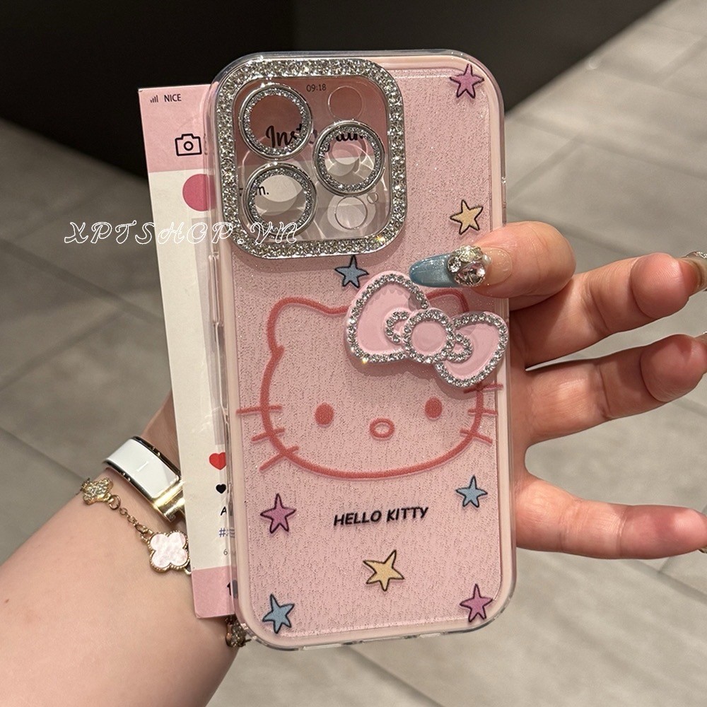 Kitty Bowknot อะคริลิคเคสโทรศัพท์สําหรับ iPhone 17 Pro Max 16Plus 15 14 13 12 11 กันกระแทกป้องกันปลอก