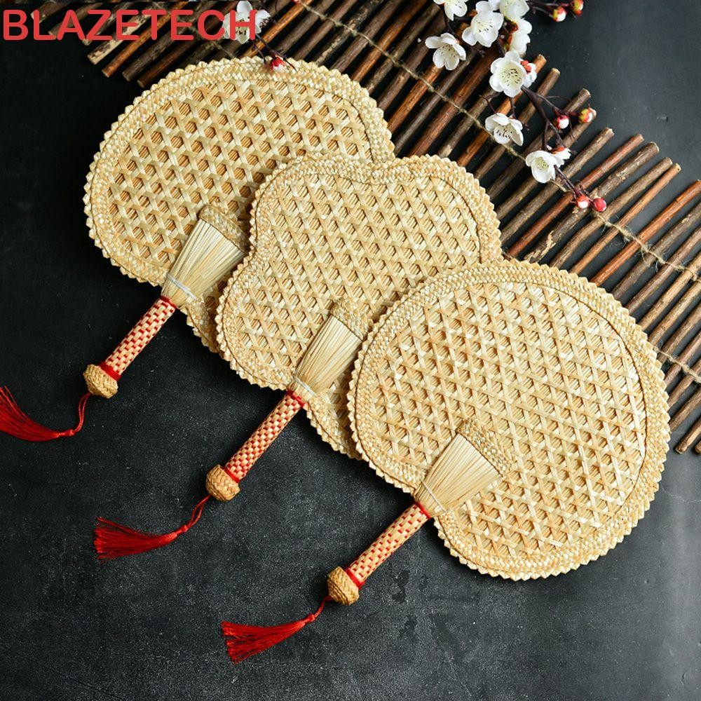 BLAZETECH พัดลมทอฟางข้าวสาลีรอบเก่า Pushan ทอมือฤดูร้อนเป็นมิตรกับสิ่งแวดล้อมตกแต่งบ้าน