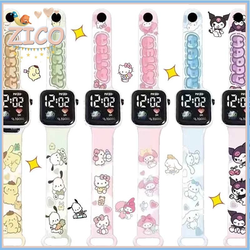 Sanrio การ์ตูน Led นาฬิกาเด็ก Square Dial สายซิลิโคน Melody Kuromi Cinnamoroll นาฬิกาดิจิตอลอิเล็กทรอนิกส์สําหรับของขวัญเด็ก