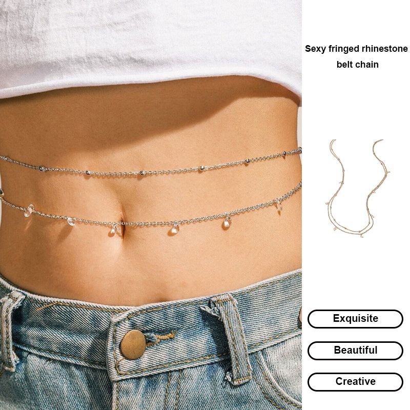 besla.thaWaist Chain เซ็กซี่เอวโซ่เอว Simple รอบลูกปัดโลหะ Rhinestone พู่