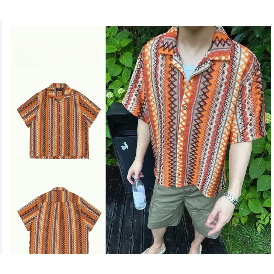 แบรนด์แฟชั่นอเมริกันทอเสื้อเชิ้ตแขนสั้นคอคิวบาผู้ชายฤดูร้อนเสื้อเชิ้ตหลวมวันหยุดใหม่