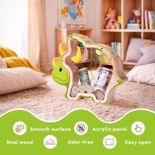 JANELAXE932JN Triceratops กล่องเก็บเหรียญ, การศึกษากระปุกออมสินไดโนเสาร์ไม้โปร่งใส, ทนทานนํากลับมาใช้ใหม่เงินปลอดภัยกล่องเงินของขวัญ