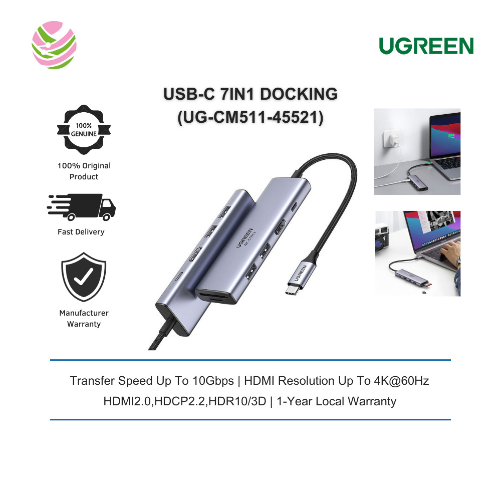 UGREEN USB-C 7IN1 DOCKING HDMI+2*USB-C 3.2+USB-A 3.2+SD/TF+PD (UG-CM511-45521)
