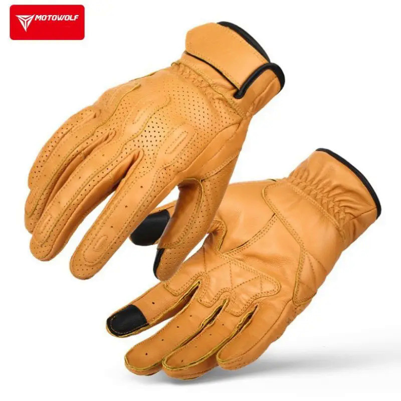 Motowolf Retro Leather Men's Motorcycle Gloves Summer Breathable Motorcyclist Gloves Yellow Black Bi