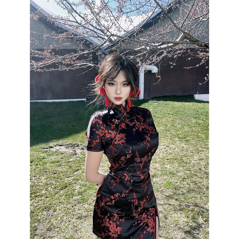 ใหม่สไตล์จีนปรับปรุง Stand-Up Collar Cheongsam ชุด High-End Slit Slim-Fit Hip-Covered กระโปรงสั้น Fe