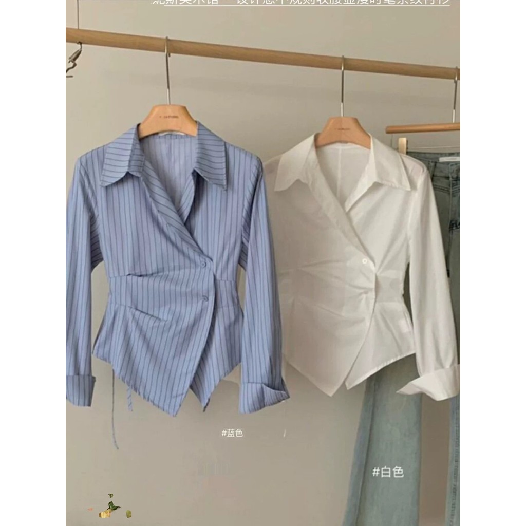 Dahong💖 แฟชั่นเกาหลี เสื้อเชิ้ตสีขาว shirt  คอวี เอวบาง สไตล์เกาหลี สําหรับผู้หญิง W402