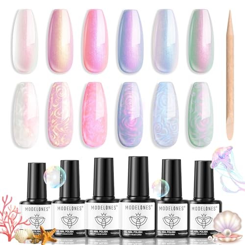 Modelones ชุดเจลทาเล็บมุก 6 สี โทนออโรร่า อินเดียดรีม สีขาว ชมพู ม่วง สไตล์นางเงือกเรืองแสง