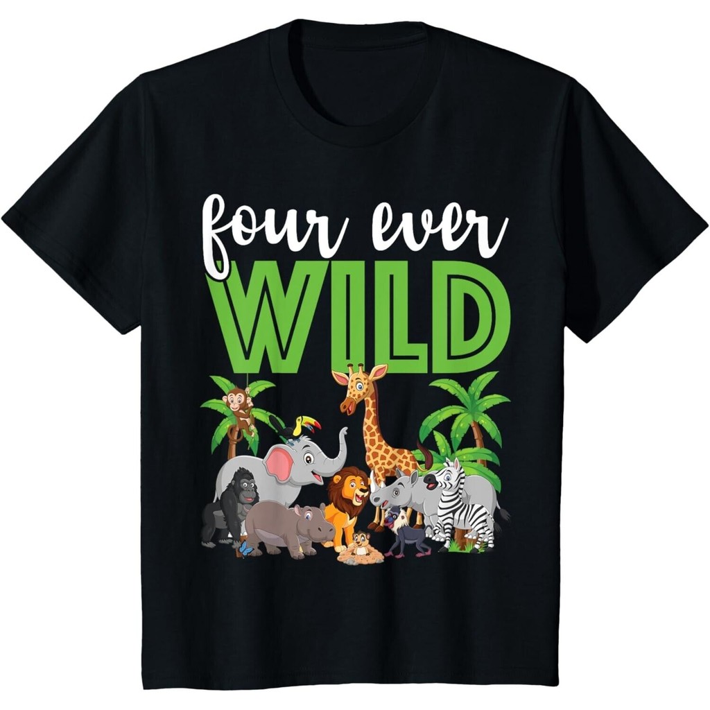 Mens Four Ever Wild 4Th Birthday 4 Year Old Birthday Zoo Saf เสื้อยืด