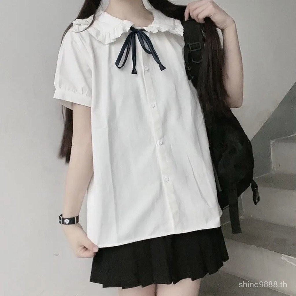 JK เสื้อแขนสั้นสีขาวตุ๊กตาสาวคอปกสไตล์ญี่ปุ่นนักเรียนเครื่องแบบหลวมทุกการแข่งขันวิทยาลัยสไตล์ O4YO