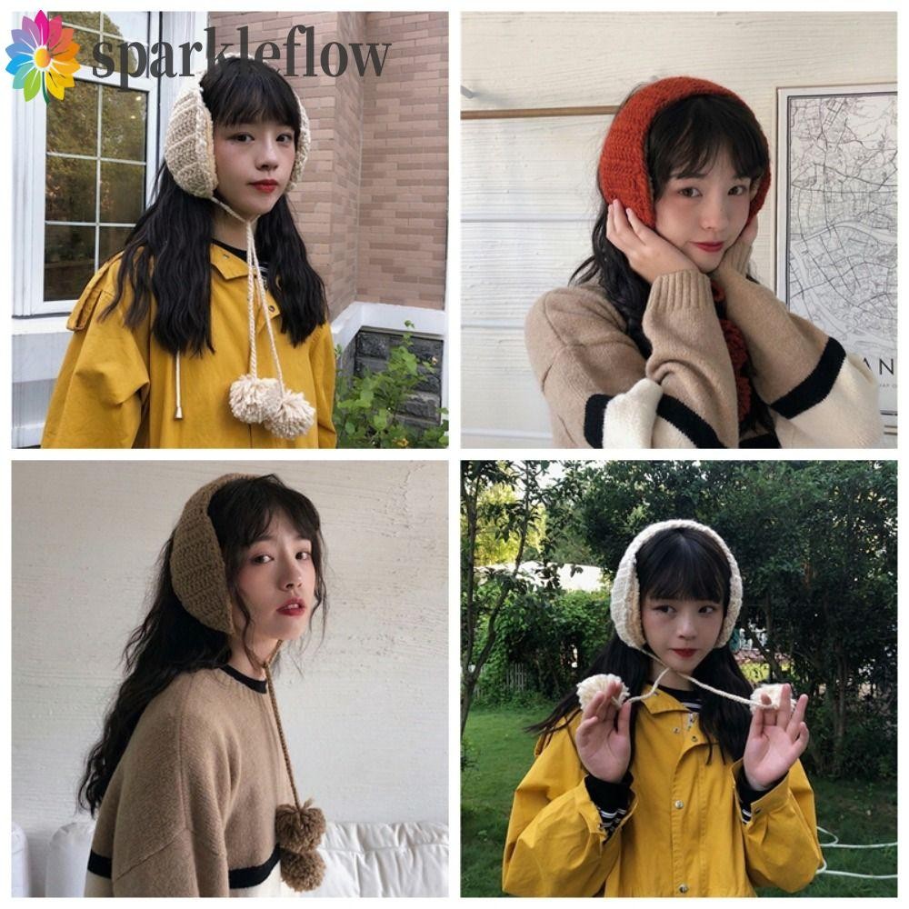 Sparkleflow JK ถัก Earflap, Thicken สไตล์เกาหลี Y2k Plush Earmuffs, Handmade Windproof สีทึบขี่ฤดูหนาวหูสาว