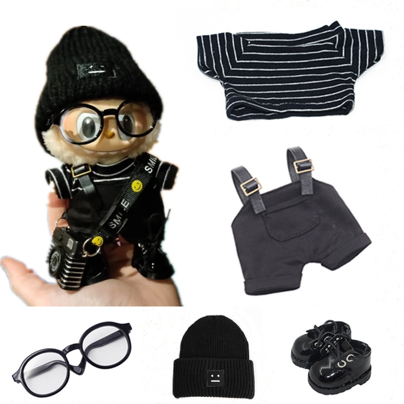 FYG 17 ซม.Mini DollS เสื้อผ้าชุดอุปกรณ์เสริมสําหรับ Labubu V1 V2 ลายหลวมหมวกแว่นตารองเท้า Cool หล่อเสื้อผ้าของขวัญ