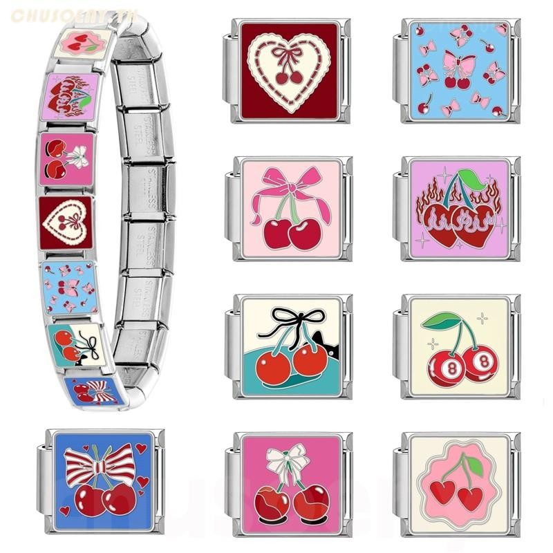 ยอดนิยมรักสีชมพูเชอร์รี่อิตาเลี่ยน Charm Links Fit 9 มม.สร้อยข้อมือสแตนเลสทําเครื่องประดับ