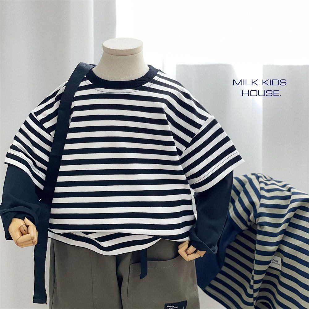 Baby 2024 ฤดูใบไม้ผลิและฤดูใบไม้ร่วงลาย Tie-Dye แขนยาวปลอมสองรอบคอเสื้อยืดเสื้อฐาน