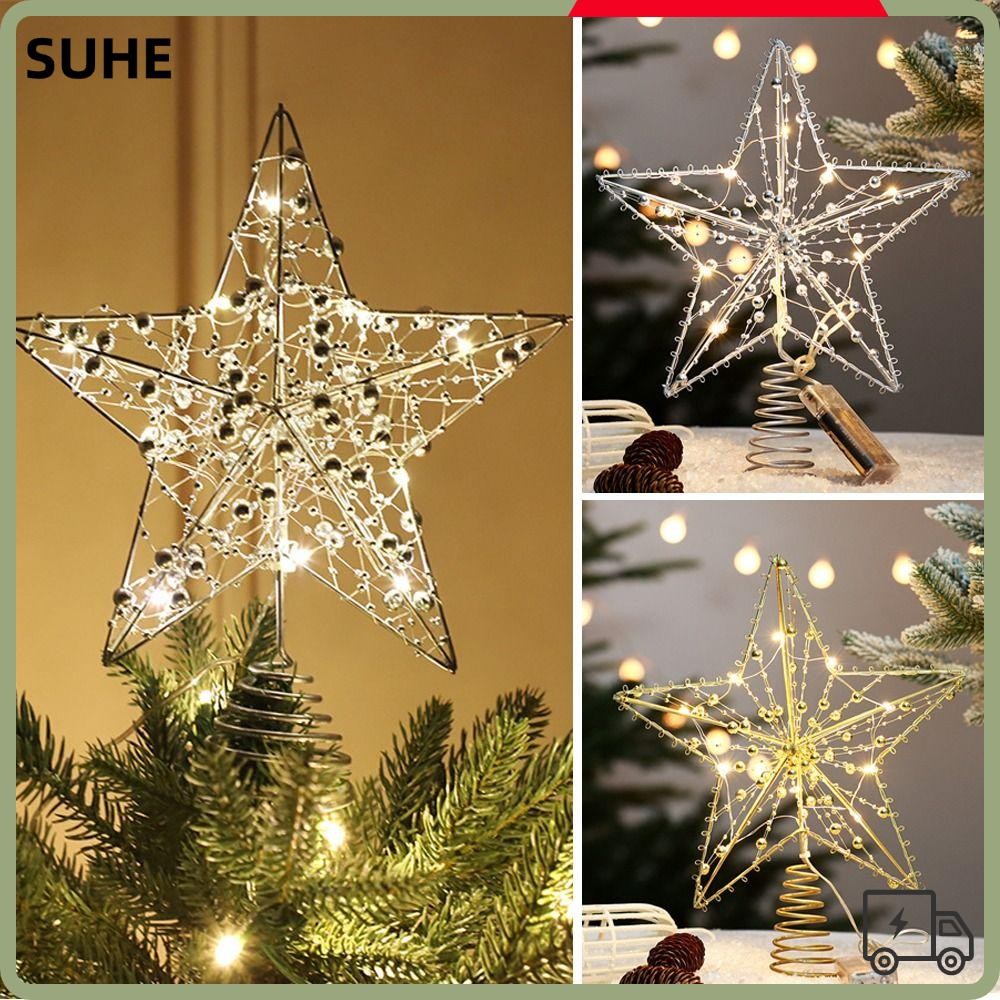 Suhe เครื่องประดับต้นคริสต์มาส, 2025 ปีเหล็กทองต้นคริสต์มาส Star Topper, ไฟ LED มุกลวดนาตาล Noel LED เรืองแสงโคมไฟดาว Party Decor