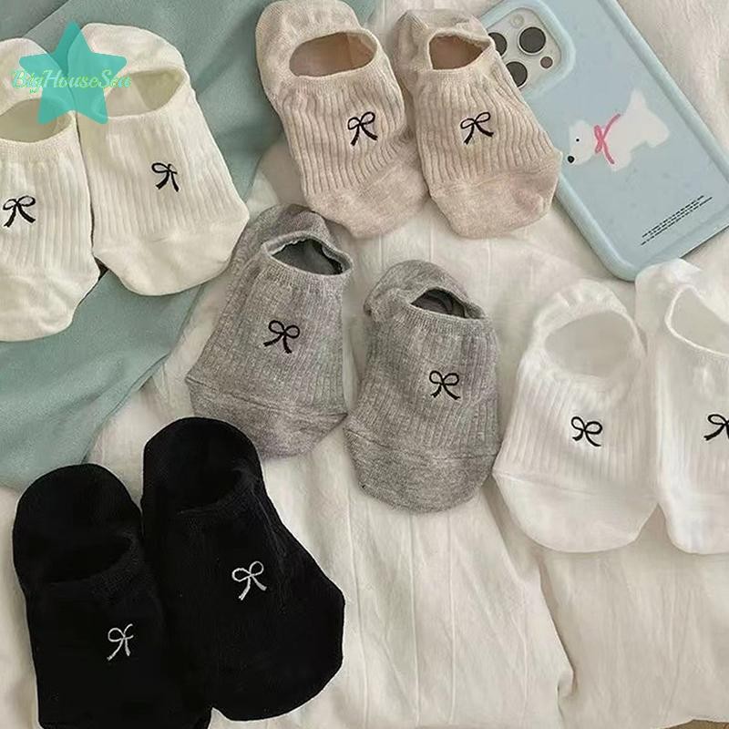 [BigHouseSea] ผู้หญิงถุงเท้า Bowknot สีทึบฤดูร้อนบาง Breathable ที่มองไม่เห็นถุงเท้าเรือลื่นซิลิโคนสั้น Sox สุภาพสตรีใหม่