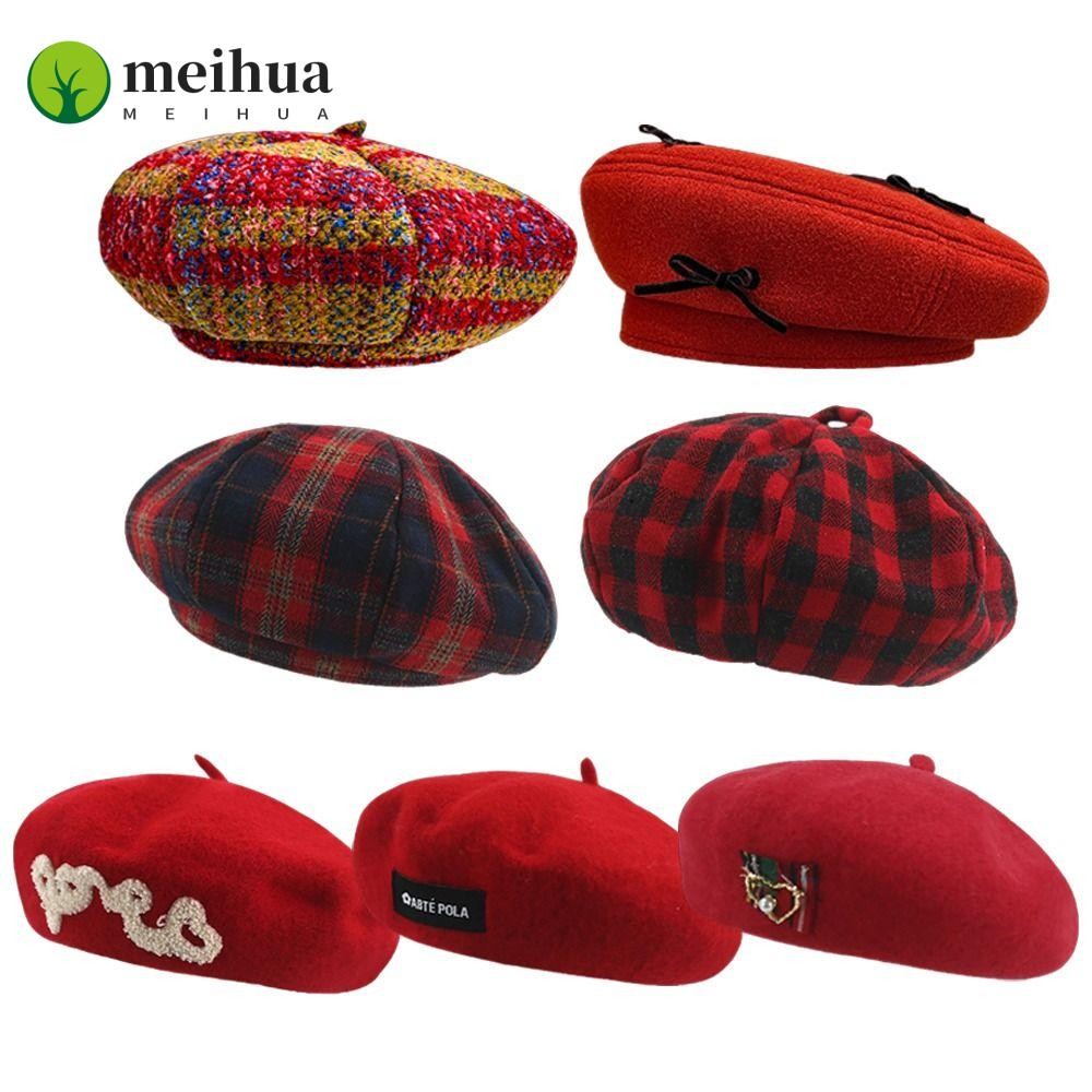 Meihua หมวกเบเรต์, Baggy Beanie Wool Beret Cap, French Felt Berets ฤดูหนาวที่อบอุ่นคริสต์มาสหมวกแบนส