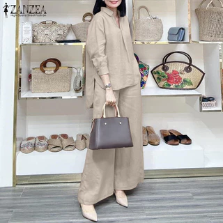 Zanzea ผู้หญิงเกาหลีแขนโคมไฟจีบเอวยางยืดชุดสองชิ้นขากว้าง