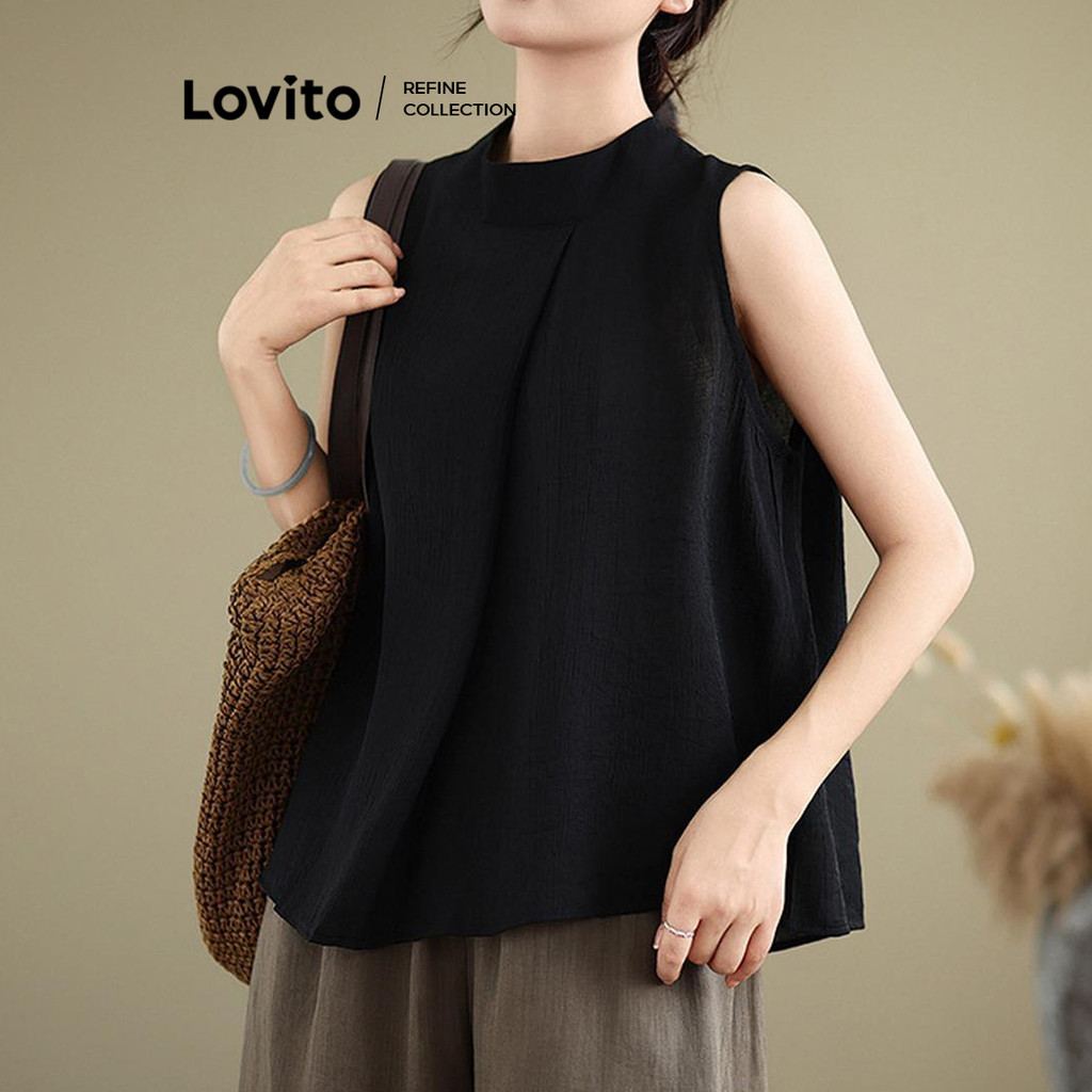 Lovito เสื้อแขนกุดผู้หญิง เบสิก สีพื้น สไตล์หรูหรา LNE77744