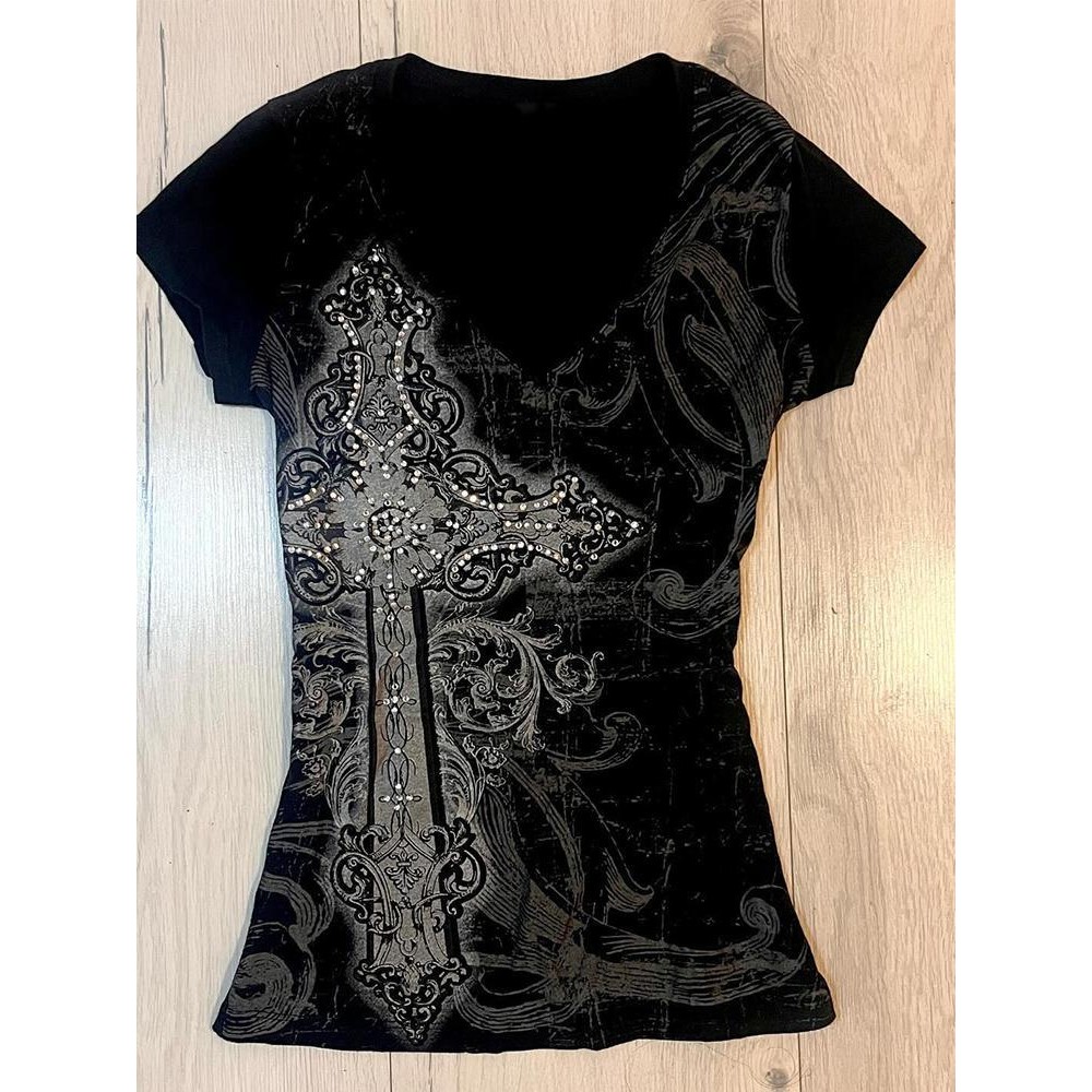 X-orange American Retro สีดําพิมพ์เสื้อยืดแขนสั้น Punk Top ฤดูใบไม้ผลิใหม่ ins เสื้อผ้าผู้หญิงลําลอง