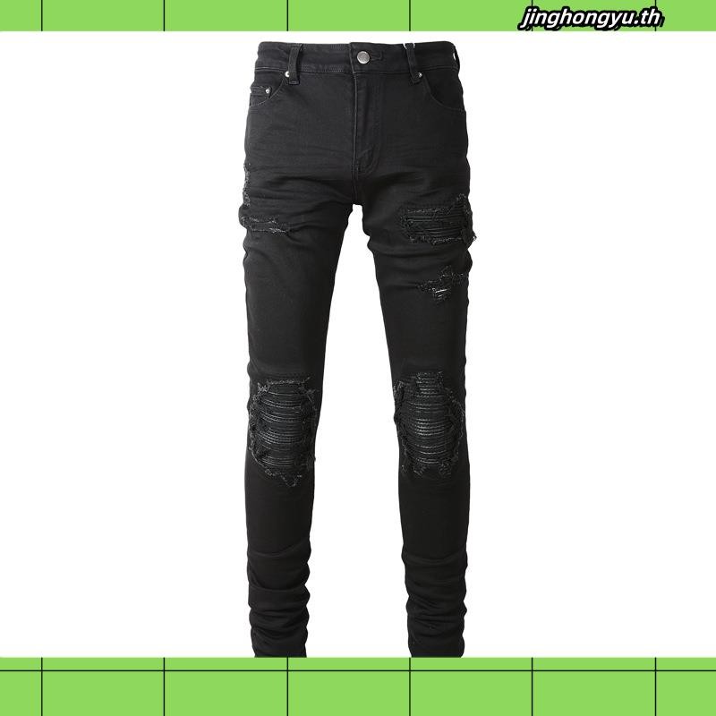 Amiri Jeans Men Black Hip Hop Club Style กางเกงยีนส์ High Street Trendy Pants