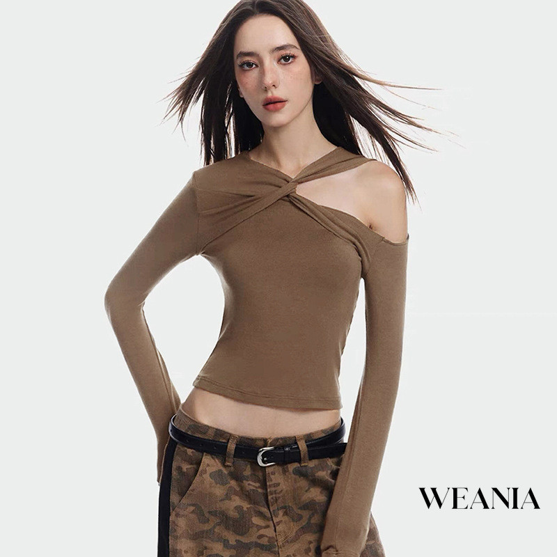 Weania Irregular Kink V คอ Hollow เซ็กซี่ Ong Sleeve Top สําหรับผู้หญิง