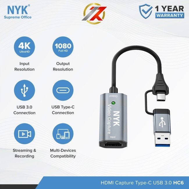NYK HC6 HDMI Video Capture 2 in 1 Type C USB 3.0 4k 1080p