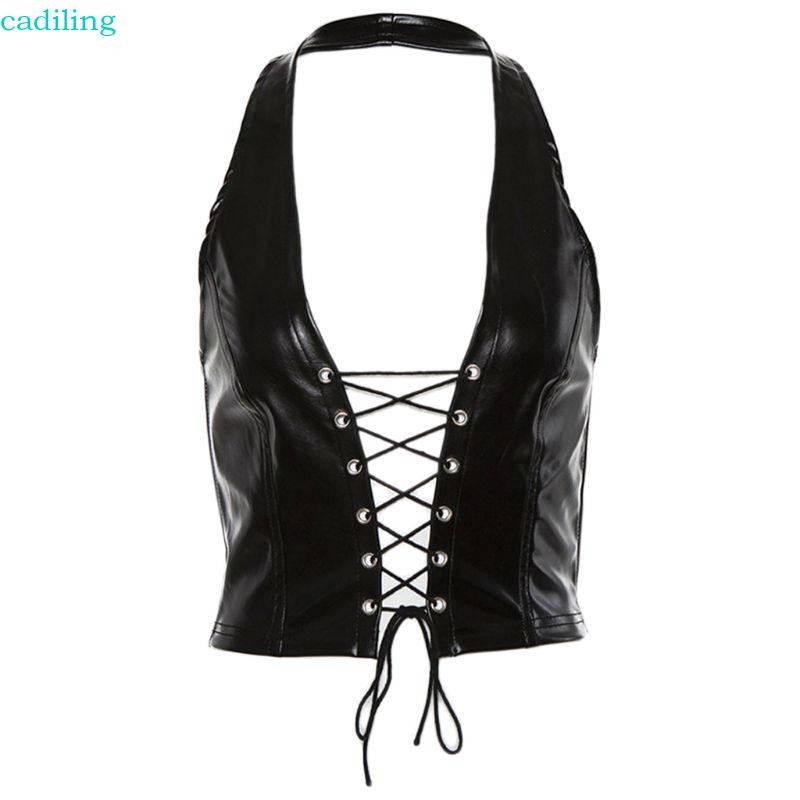 Cadiling ผู้หญิง Punk แขนกุด Crop Top Halter V คอ Backless Hollow เสื้อกั๊กหนัง Faux สําหรับ Cross Lace-Up Party Clubw