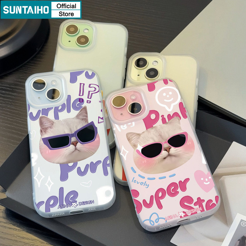 Suntaiho ตลก Cool แว่นตากันแดดแมวรูปแบบ Clear Frosted สําหรับ Iphone 16 15 14 12 13 11 Pro Max IP 7 8 Plus Iphon X XS XR Max TPU ซิลิคอนนุ่มพรีเมี่ยมกันกระแทกปกหลัง