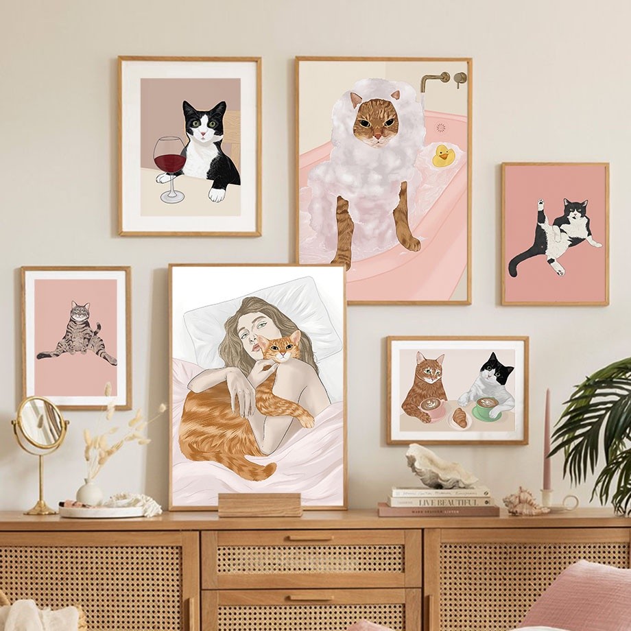 Yin และ Yang Cat ภาพประกอบกาแฟ Cuddle Bubble Bath โปสเตอร์ Nordic Wall Art พิมพ์ผ้าใบภาพวาดภาพสําหรั