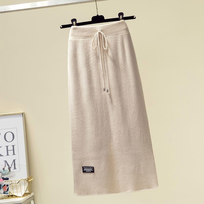 กระโปรงถักกระโปรงยาวกลาง Slimmer ดูกระโปรงถักผู้หญิงฤดูใบไม้ร่วงฤดูหนาว Hip-Packed กระโปรงกลับ Slit ตรงกระโปรงต้นฤดูใบไม้ร่วง Lace-Up กระโปรงขนสัตว์ขนาดใหญ่ Slimmer ดู A-Line สกี - รูปที่ 2