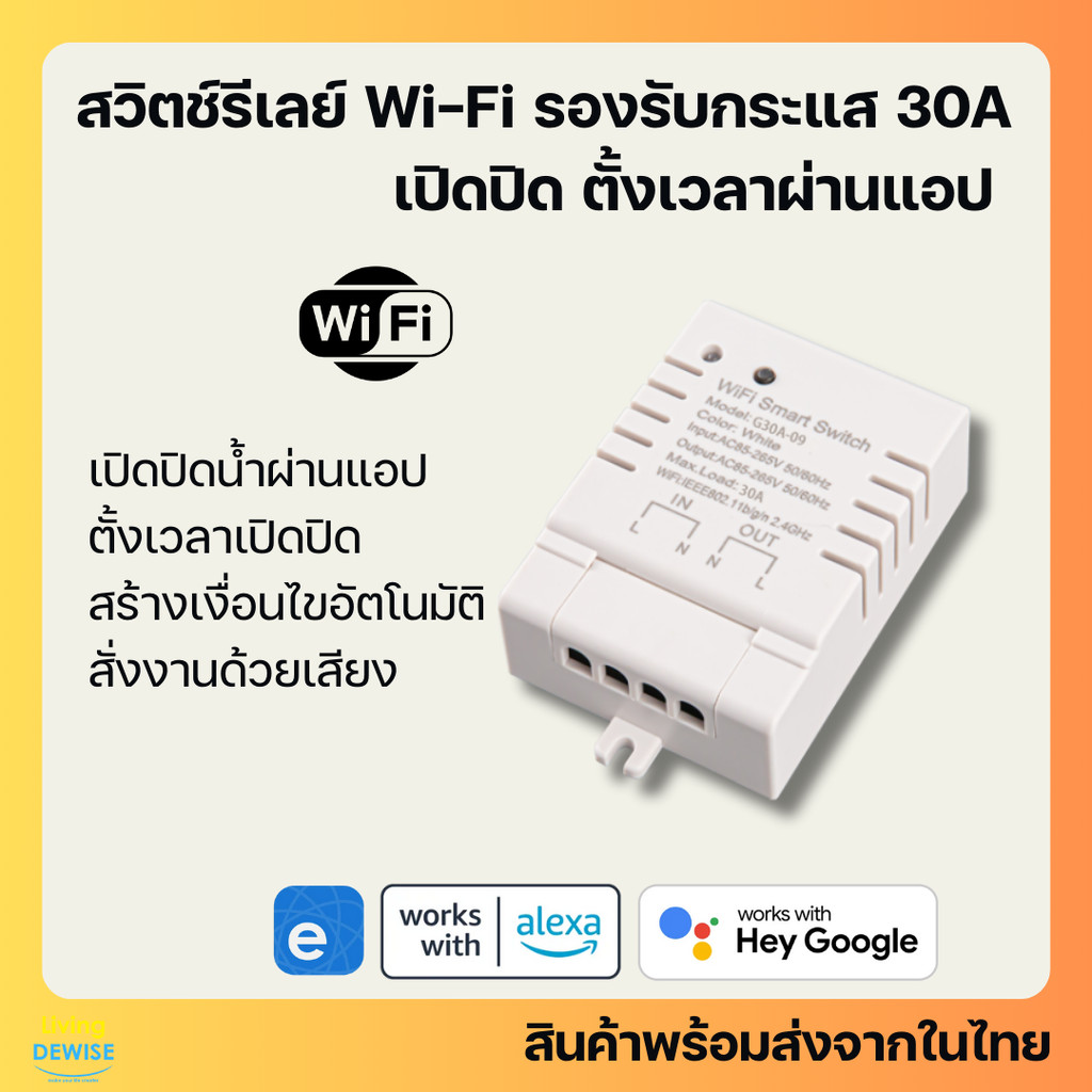 Ewelink สวิตช์รีเลย์ 30A Wi-Fi เปิดปิด ตั้งเวลาผ่านแอป สั่งเสียง Google Home,Alexa รุ่น G30A-09