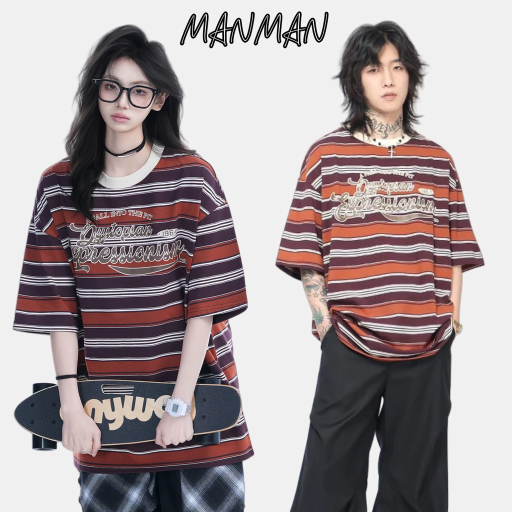 M＆M สไตล์อเมริกันวินเทจ แขนสั้นลายทาง Oversize พิมพ์ลายตัวอักษร หลวมใส่สบาย ชุดคู่รัก