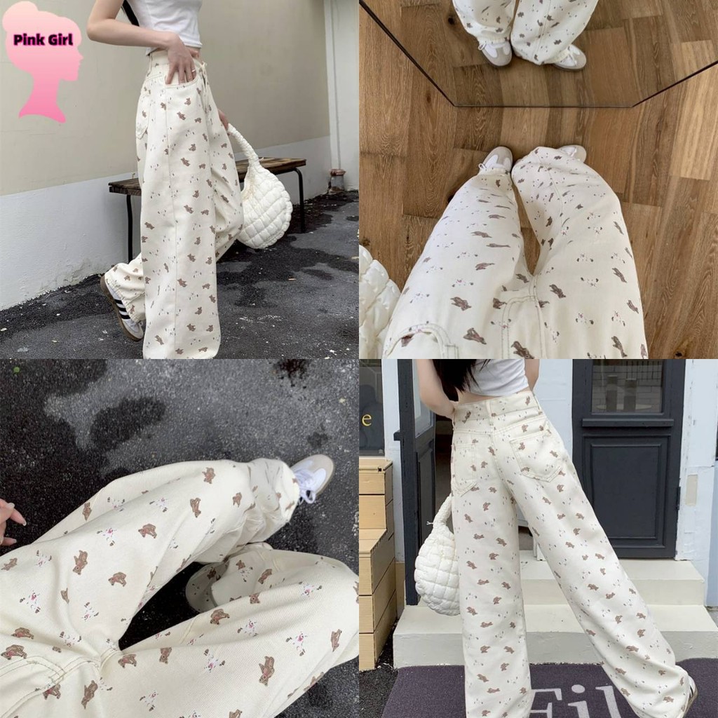 💋Pink girl💋​พร้อมส่ง กางเกงขายาว ลายการตูน เอวสูง ทรงกระบอกพอดี' NZ1811