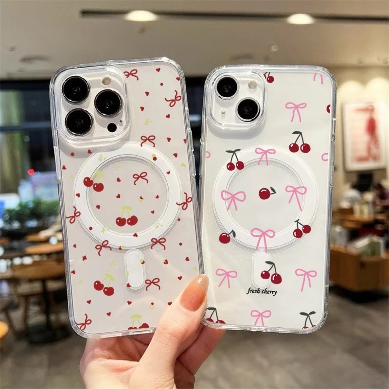 🔥KIDDY🔥เคสโทรศัพท์หรูหราแบบไร้สายชาร์จได้สำหรับโบว์เชอร์รี่ไอโฟน16 For iPhone12 13 14MAX X XS XR 7 8Plus 15Pro