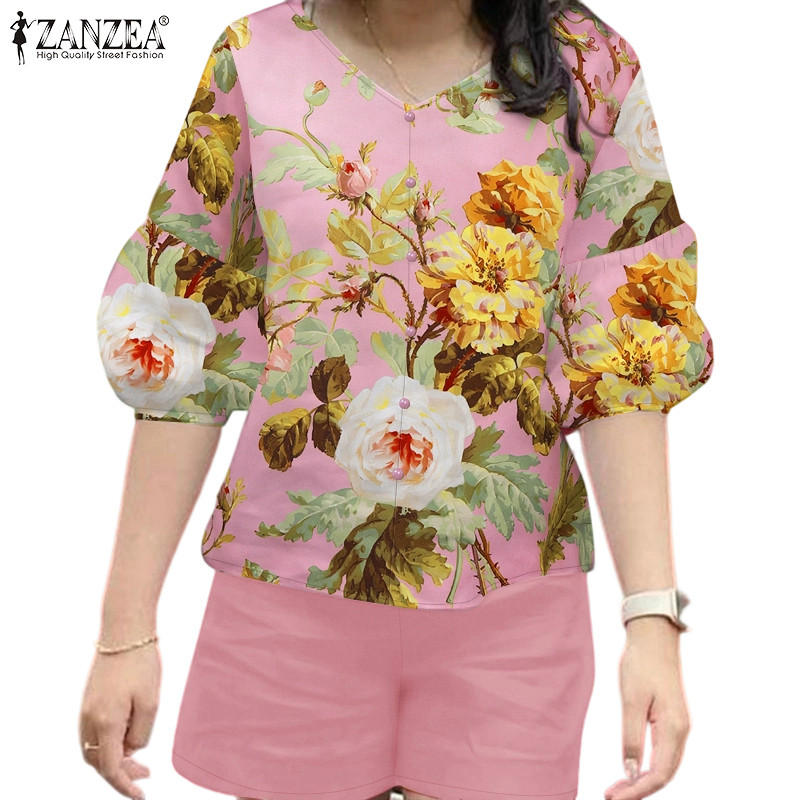 ZANZEA เสื้อเบลาส์แขนโคมไฟคอวีพิมพ์ลายลําลองสําหรับผู้หญิง + กระเป๋าคาดเอวแบบยืดหยุ่นชุดกางเกงขาสั้น Culottes