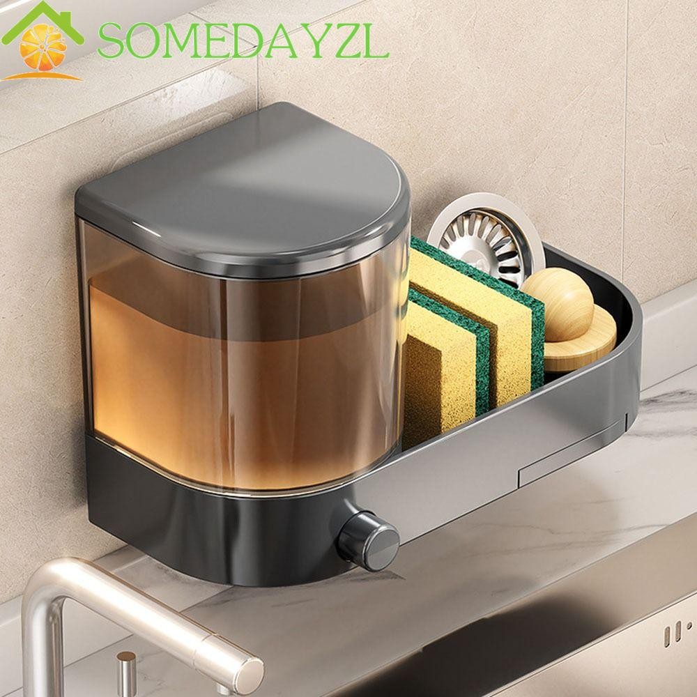 SOMEDAYZL ตู้ทําสบู่ติดผนัง,พร้อมถาดท่อระบายน้ําพร้อมฟองน้ําผู้ถือน้ํายาล้างจาน,Thicken Hand Press Space Savingกันน้ําเจลทําความสะอาดมือคอนเทนเนอร์ห้องน้ํา