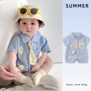 ฤดูร้อนใหม่เสื้อผ้าเด็กชายและหญิงสีฟ้าปกบอดี้สูทแขนสั้นผูก0-…