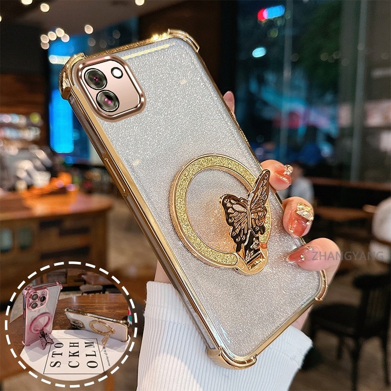 SAMSUNG กรณีสําหรับSamsung A03 หรูหราชุบGradient Glitterเคสโทรศัพท์ผีเสื้อขาตั้งGlitterแป้งออกแบบใหม