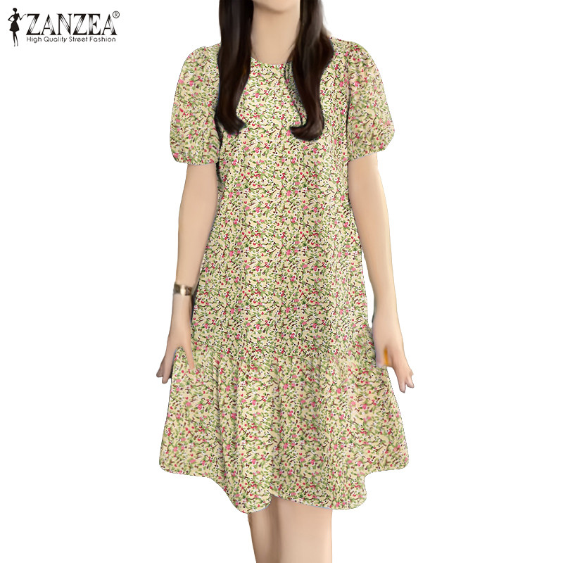 ZANZEA ใส่ ซานเซีย ผู้หญิงเกาหลีรีสอร์ทรอบคอแขนสั้นพัฟแขนดอกไม้ใบบัวมิ้มชุด