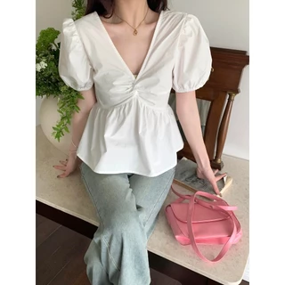 Chili Koko เสื้อแขนพองคอวีบิดสำหรับผู้หญิง เสื้อคอวีเปิดหลังแบบใหม่สำหรับฤดูร้อน w610