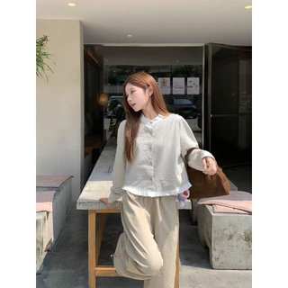 Mimi&Didi เสื้อเชิ้ตคอกลมแขนยาวลายทางเกาหลีสีตัดกันแขนสั้นหวานอเนกประสงค์ ทรงหลวม การออกแบบปุ่มสีทอง สำหรับผู้หญิง#W594